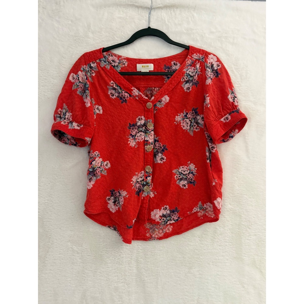 Maeve Anthropologie Red Floral Button Front Puff Sleeve Blouse Top Size 2